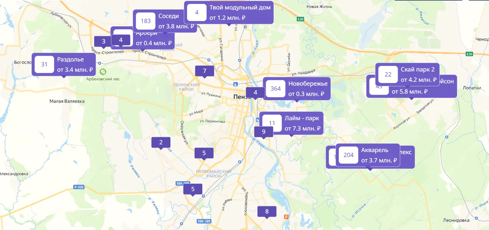 Реальная карта Пензы с основными жилыми комплексами